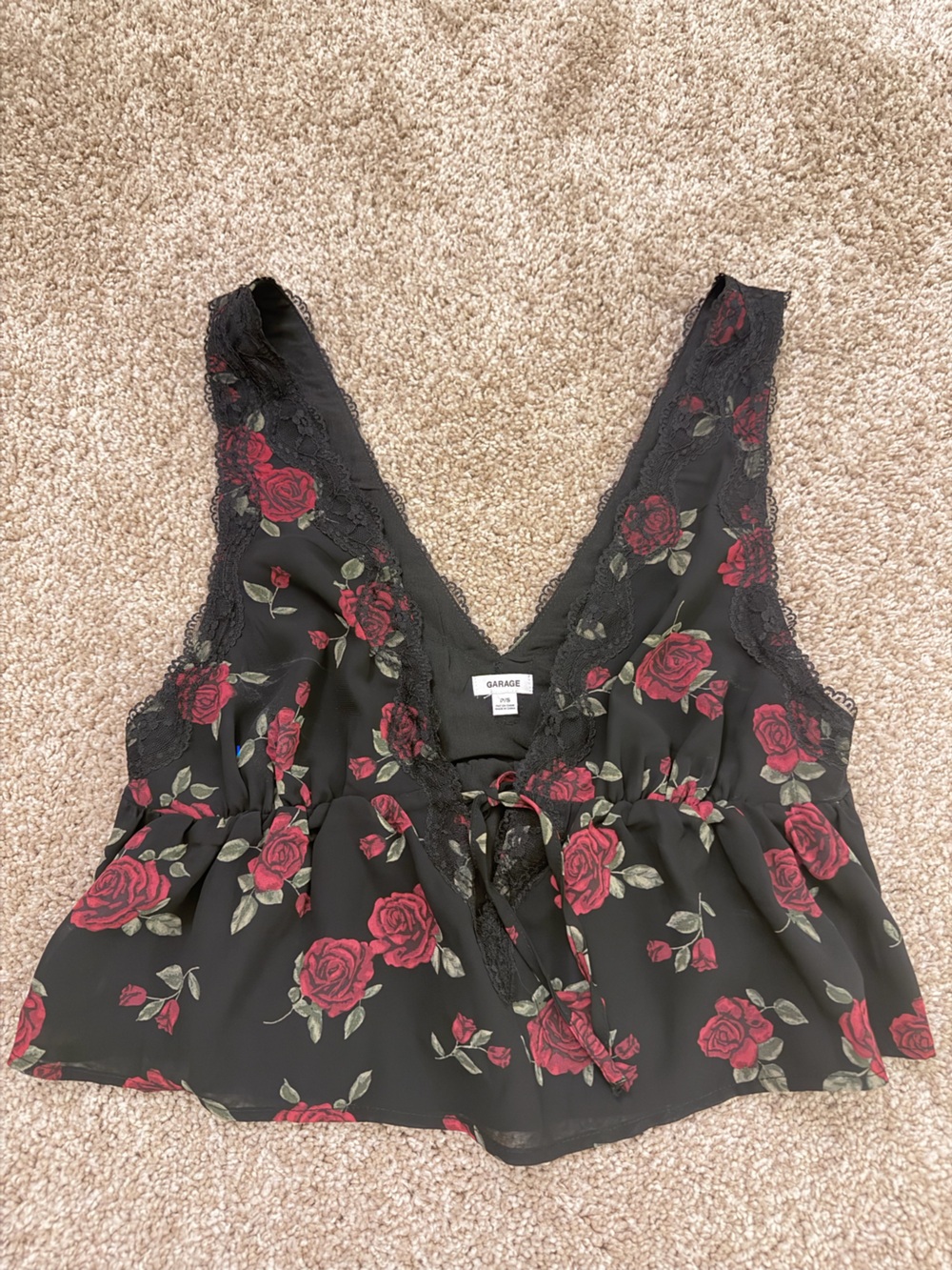 Garage Black Floral Lace V-Neck Cami with Red Rose Print